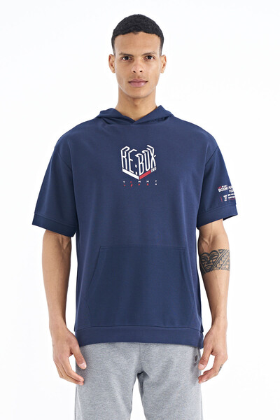 Tommylife Wholesale Indigo Hooded Oversize Men's T-shirt - 88194 - Thumbnail