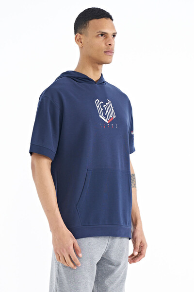 Tommylife Wholesale Indigo Hooded Oversize Men's T-shirt - 88194 - Thumbnail