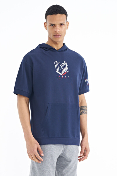 Tommylife Wholesale Indigo Hooded Oversize Men's T-shirt - 88194 - Thumbnail