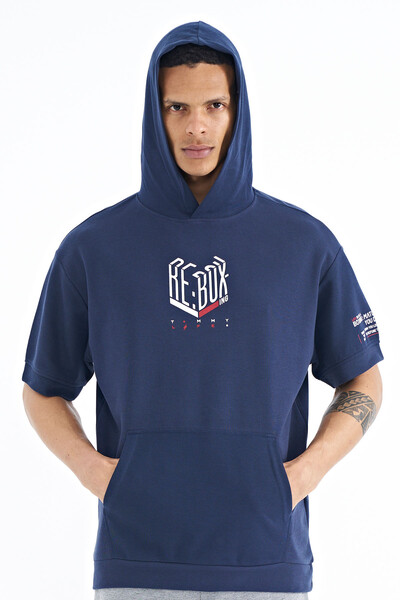 Tommylife Wholesale Indigo Hooded Oversize Men's T-shirt - 88194 - Thumbnail