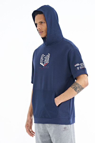 Tommylife Wholesale Indigo Hooded Oversize Men's T-shirt - 88194 - Thumbnail