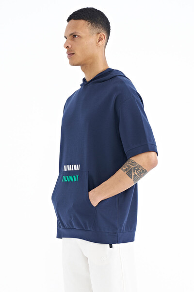 Tommylife Wholesale Indigo Kangaroo Pocket Hooded Men's T-Shirt - 88195 - Thumbnail