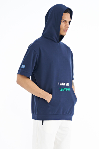 Tommylife Wholesale Indigo Kangaroo Pocket Hooded Men's T-Shirt - 88195 - Thumbnail