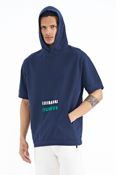 Tommylife Wholesale Indigo Kangaroo Pocket Hooded Men's T-Shirt - 88195 - Thumbnail