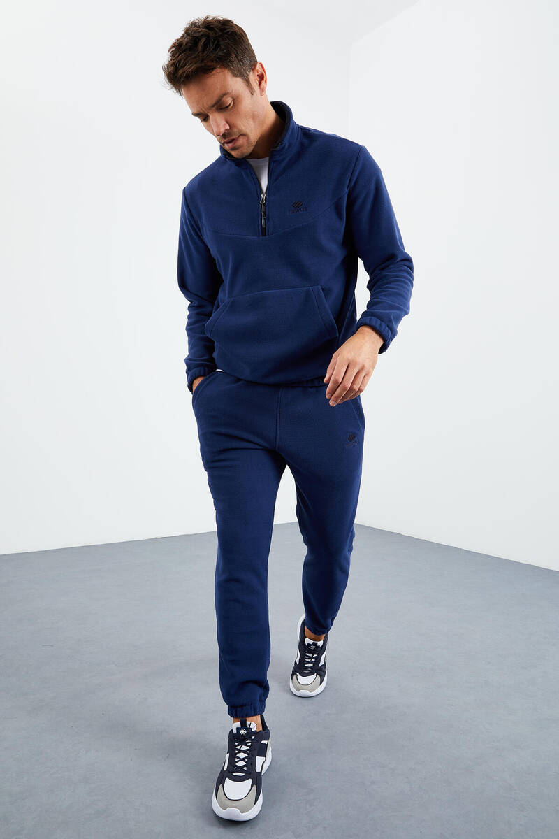 TOMMYLIFE - Tommylife Wholesale Indigo With Half Zipper Neckband Elastic Hem Men's Fleece Set - 85159