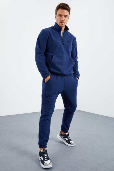 Tommylife Wholesale Indigo With Half Zipper Neckband Elastic Hem Men's Fleece Set - 85159 - Thumbnail