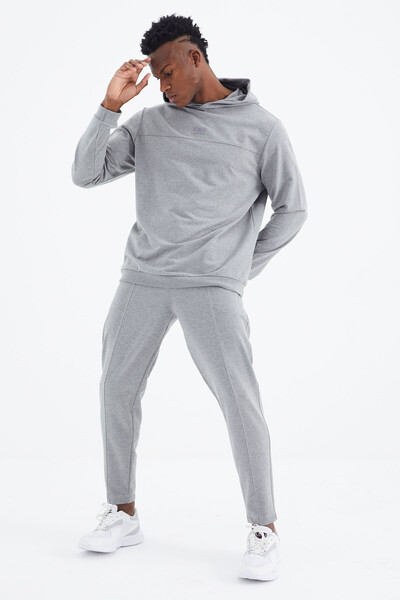 Tommylife Wholesale Kelvin Standard Fit Hooded Men's Tracksuit Set 85230 Gray Melange - Thumbnail