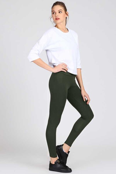 Tommylife Wholesale Khaki High Waist Body-Hugging Slim Fit Skinny Leg Women's Leggings - 94011 - Thumbnail