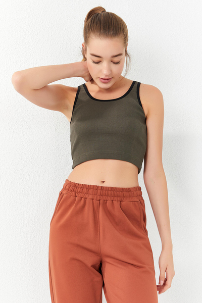 Tommylife Wholesale Khaki Sleeveless Skinny Fit U Collar Women's Crop Top - 97160 - Thumbnail