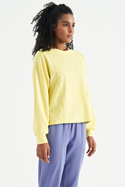 Tommylife Wholesale Lemon Balloon Sleeve Crop Basic Women's Sweatshirt - 02118 - Thumbnail