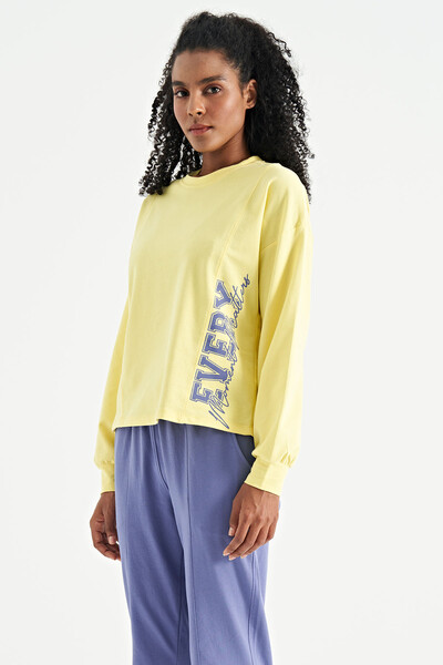 Tommylife Wholesale Lemon Balloon Sleeve Crop Basic Women's Sweatshirt - 02118 - Thumbnail