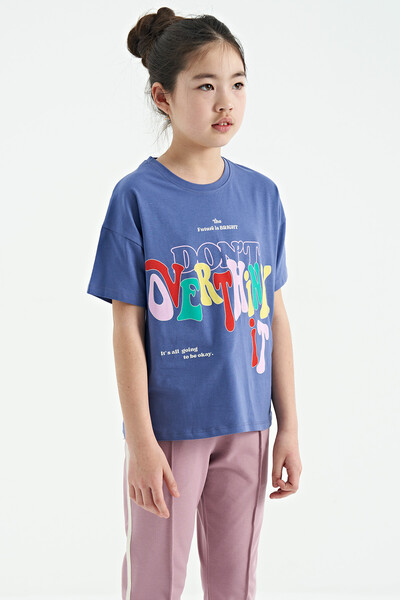 Tommylife Wholesale Light Amethyst Round Neck Oversize Short Sleevelu Girls T-Shirt - 75112 - Thumbnail