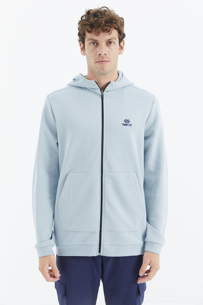 Tommylife Wholesale Light Blue Hooded Zippered Relaxed Fit Men's Sweatshirt - 88275 - Thumbnail