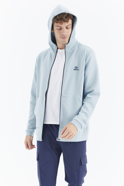 Tommylife Wholesale Light Blue Hooded Zippered Relaxed Fit Men's Sweatshirt - 88275 - Thumbnail