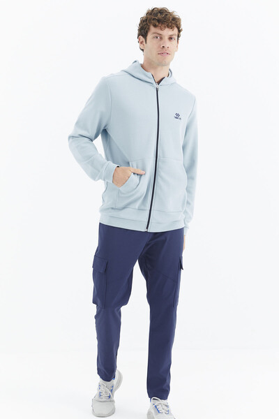 Tommylife Wholesale Light Blue Hooded Zippered Relaxed Fit Men's Sweatshirt - 88275 - Thumbnail