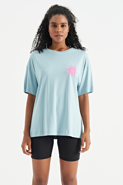 Tommylife Wholesale Light Blue O-Neck Oversize Women's T-shirt - 02232 - Thumbnail