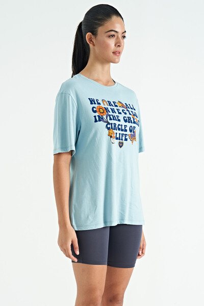 Tommylife Wholesale Light Blue O-Neck Oversize Women's T-Shirt - 02305 - Thumbnail