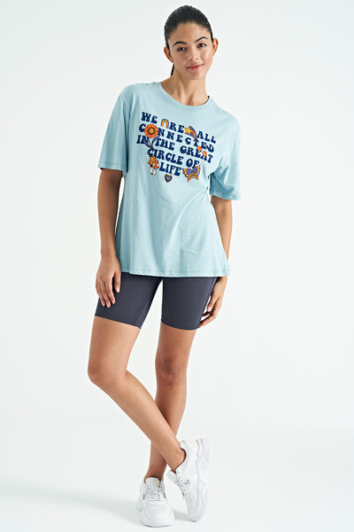 Tommylife Wholesale Light Blue O-Neck Oversize Women's T-Shirt - 02305 - Thumbnail