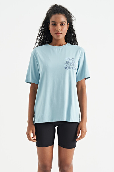 Tommylife Wholesale Light Blue O-Neck Short Sleeve Oversize Women's T-shirt - 02267 - Thumbnail