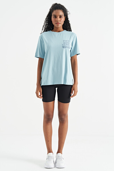 Tommylife Wholesale Light Blue O-Neck Short Sleeve Oversize Women's T-shirt - 02267 - Thumbnail