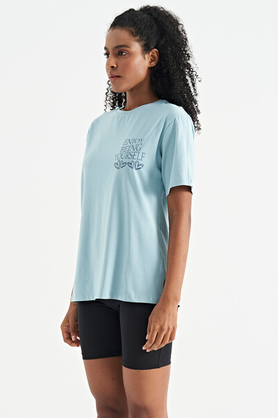 Tommylife Wholesale Light Blue O-Neck Short Sleeve Oversize Women's T-shirt - 02267 - Thumbnail