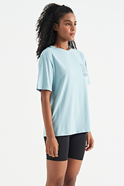 Tommylife Wholesale Light Blue O-Neck Short Sleeve Oversize Women's T-shirt - 02267 - Thumbnail