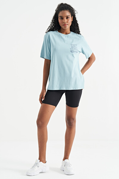 Tommylife Wholesale Light Blue O-Neck Short Sleeve Oversize Women's T-shirt - 02267 - Thumbnail