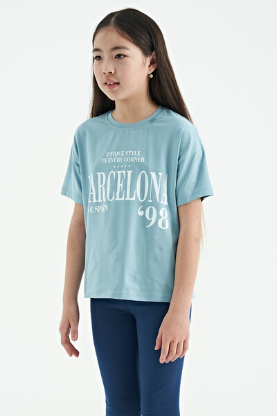 Tommylife Wholesale Light Blue Round Neck Printed Oversize Girls T-Shirt - 75115 - Thumbnail