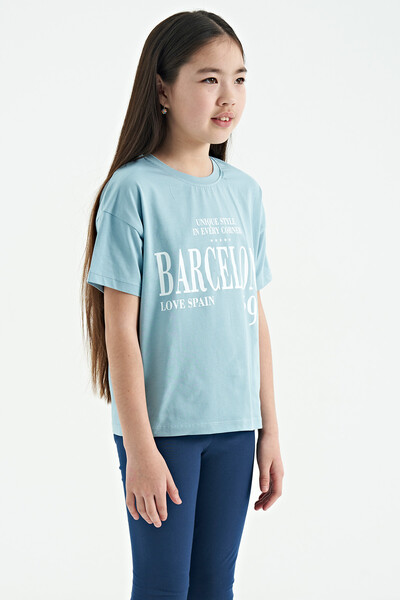 Tommylife Wholesale Light Blue Round Neck Printed Oversize Girls T-Shirt - 75115 - Thumbnail