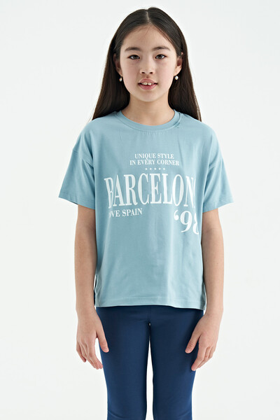 Tommylife Wholesale Light Blue Round Neck Printed Oversize Girls T-Shirt - 75115 - Thumbnail