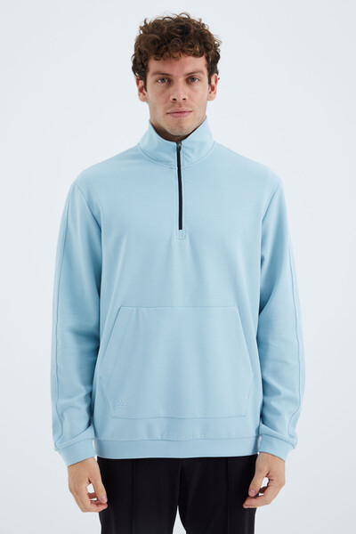 Tommylife Wholesale Light Blue Stand Collar Half Zip Men's Sweatshirt - 88278 - Thumbnail