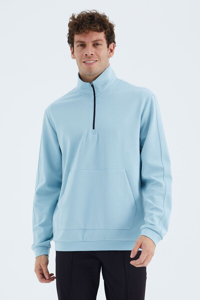 Tommylife Wholesale Light Blue Stand Collar Half Zip Men's Sweatshirt - 88278 - Thumbnail