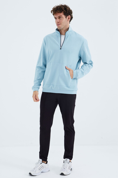 Tommylife Wholesale Light Blue Stand Collar Half Zip Men's Sweatshirt - 88278 - Thumbnail