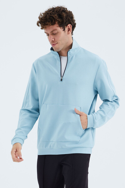 Tommylife Wholesale Light Blue Stand Collar Half Zip Men's Sweatshirt - 88278 - Thumbnail