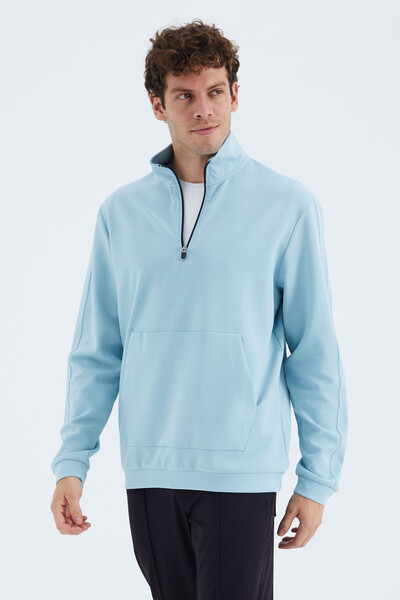 Tommylife Wholesale Light Blue Stand Collar Half Zip Men's Sweatshirt - 88278 - Thumbnail