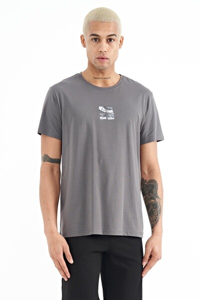 Tommylife Wholesale Miles Crew Neck Standard Fit Printed Men's T-Shirt 88222 Dark Gray - Thumbnail