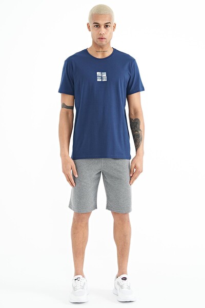 Tommylife Wholesale Miles Crew Neck Standard Fit Printed Men's T-Shirt 88222 Indigo - Thumbnail