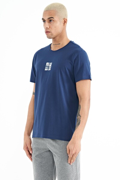 Tommylife Wholesale Miles Crew Neck Standard Fit Printed Men's T-Shirt 88222 Indigo - Thumbnail