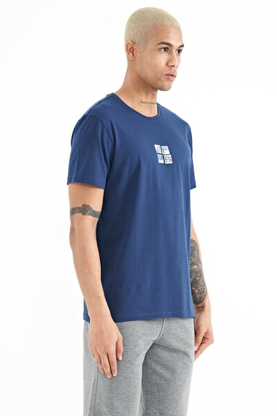 Tommylife Wholesale Miles Crew Neck Standard Fit Printed Men's T-Shirt 88222 Indigo - Thumbnail