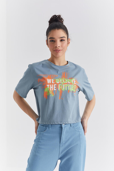 Tommylife Wholesale Mint Green With Colourful Text Printed Bike Collar Oversize Women's T-shirt - 97212 - Thumbnail