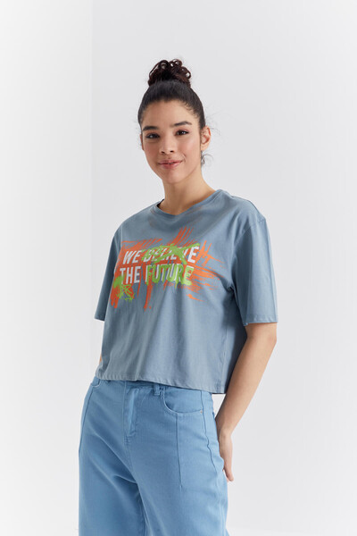 Tommylife Wholesale Mint Green With Colourful Text Printed Bike Collar Oversize Women's T-shirt - 97212 - Thumbnail