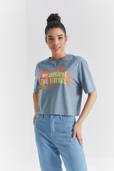 Tommylife Wholesale Mint Green With Colourful Text Printed Bike Collar Oversize Women's T-shirt - 97212 - Thumbnail