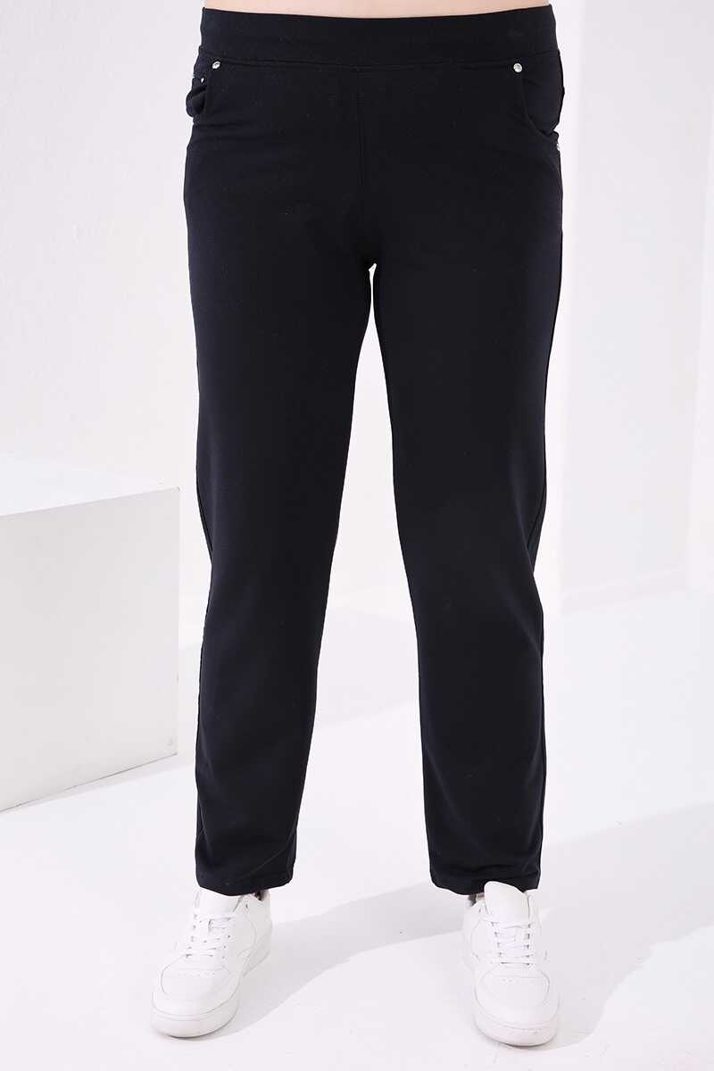 Tommylife Wholesale Navy Blue Classic Hem Stone Detailed Women's Big Size Sweatpant - 94040 - 5