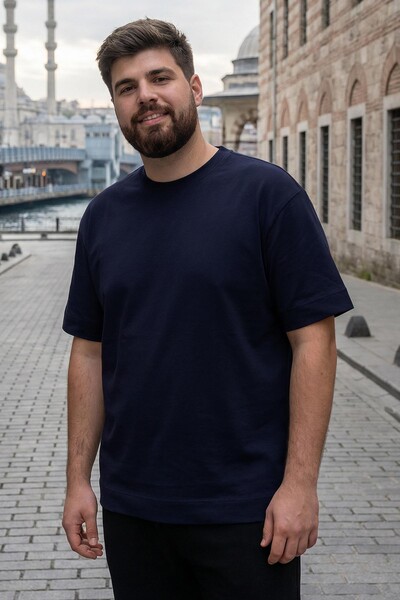 Tommylife Wholesale Navy Blue Crew Neck Large Size Men's T-Shirt - 88072 - Thumbnail