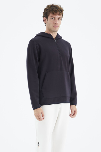 Tommylife Wholesale Navy Blue Hooded Half Zip Relaxed Fit Men's Sweatshirt - 88281 - Thumbnail