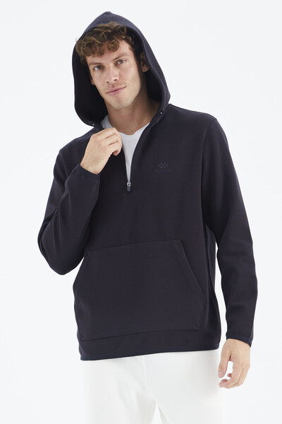 Tommylife Wholesale Navy Blue Hooded Half Zip Relaxed Fit Men's Sweatshirt - 88281 - Thumbnail
