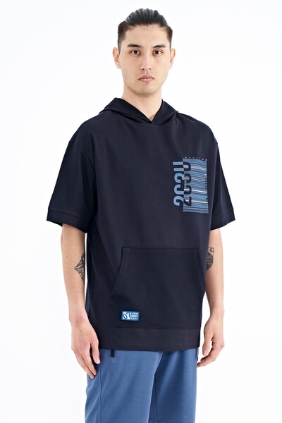 Tommylife Wholesale Navy Blue Hooded Kangaroo Pocket Oversize Men's T-shirt - 88196 - Thumbnail