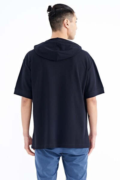 Tommylife Wholesale Navy Blue Hooded Kangaroo Pocket Oversize Men's T-shirt - 88196 - Thumbnail