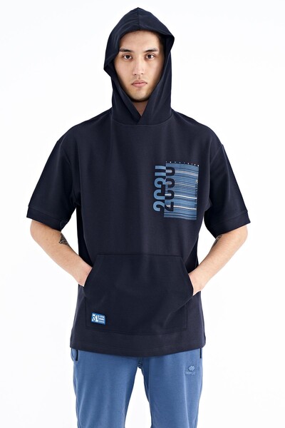 Tommylife Wholesale Navy Blue Hooded Kangaroo Pocket Oversize Men's T-shirt - 88196 - Thumbnail