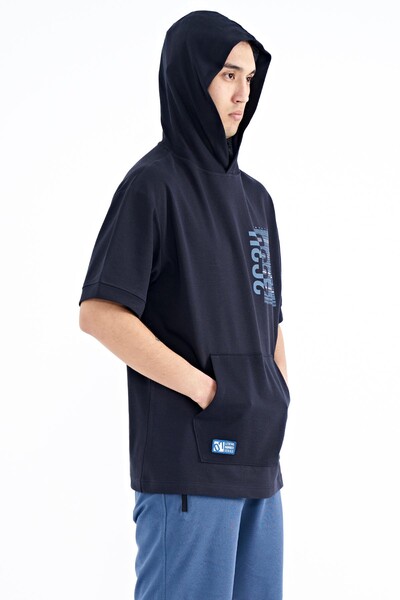 Tommylife Wholesale Navy Blue Hooded Kangaroo Pocket Oversize Men's T-shirt - 88196 - Thumbnail